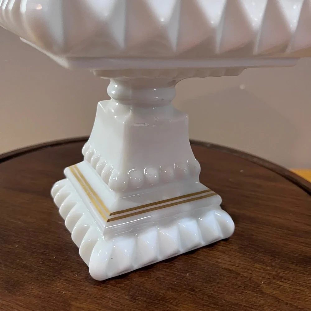 Vtg Westmoreland Milk Glass Wedding Cake Box Grapes Gold Trim Pedestal Dish 9.5